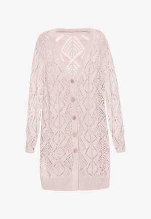 Rózsaszín kötött cardigan gyémánt mintával, V-nyakkivágással és hosszú ujjal. Gombos záródással és nyitott kötött textúrával rendelkezik.