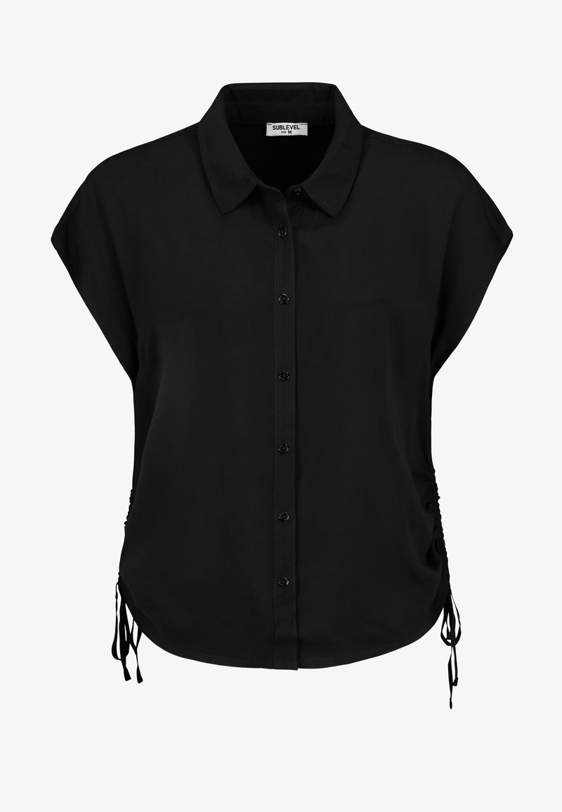 Black short-sleeve blouse with a collared neck, front button closure, and drawstring detailing at the sides. Made from a smooth fabric.