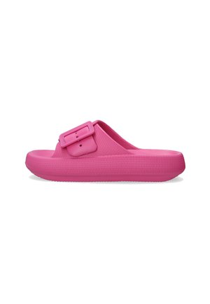 Pink slide sandal made of rubber, featuring a textured strap with a rectangular buckle and a thick sole for support.