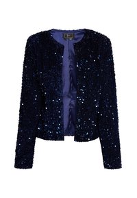 Veste bleu marine à sequins avec manches longues, encolure arrondie, devant ouvert et doublure en satin ; présente une surface texturée avec des détails scintillants.