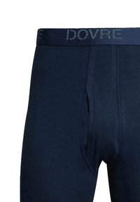 Marineblå boxer briefs lavet af blødt stof, med en DOVRE-logoelastik og en frontåbning med forstærket søm.