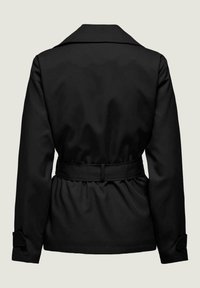 Trench-coat noir à texture lisse, col large, taille ceinturée et poignets boutonnés. Vue de dos mettant en avant un design simple et épuré.