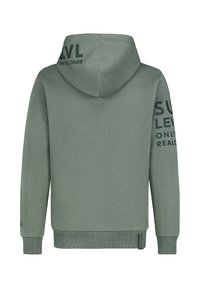 Groene hoodie met een trekkoordkap, ribgebreide manchetten en zoom, en bedrukt tekst op de rug en mouwen in donkerblauw. Zachte stoffering.