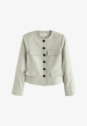 Light gray linen jacket with a round neckline, long sleeves, and black button closure; features two front pockets.