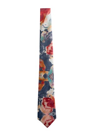 Necktie with abstract artistic design featuring red, orange, navy blue, teal, and white brushstroke patterns on fabric.