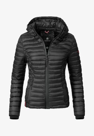 Black quilted puffer jacket with a hood, zip front, and ribbed cuffs. Features subtle branding on the sleeve and a sleek design.