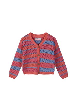 Kinderstrickjacke mit korallenroten und blauen horizontalen Streifen, V-Ausschnitt, Knopfleiste vorne und gerippten Bündchen sowie Saum.