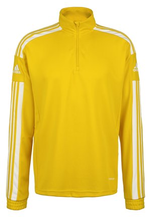 Gelber Halbzip-Sportpullover mit weißen Streifenakzenten auf Schultern und Ärmeln, ausgestattet mit gerippten Bündchen und einer glatten Textur.