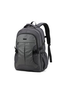 Zaino grigio con spallacci imbottiti, multiple tasche, una superficie frontale liscia e tasche laterali in rete. Caratterizzato da un tessuto resistente.