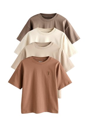 Four plain short-sleeve crewneck T-shirts in shades of brown, beige, and cream, stacked front to back on a white background.