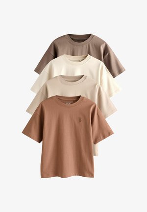 Fire ensfarvede T-shirts med korte ærmer og rund hals i nuancer af brun, beige og creme, stablet foran og bagpå på en hvid baggrund.