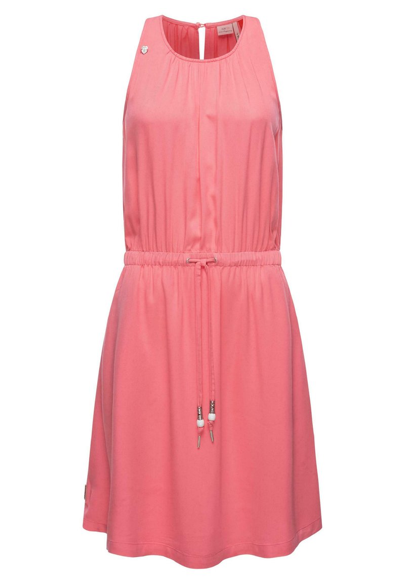 Rosa ärmelloses Kleid mit gerafftem Ausschnitt, verstellbarem Kordelzugbund und einem kleinen dekorativen Akzent an der Schulter. Weicher Stoff.