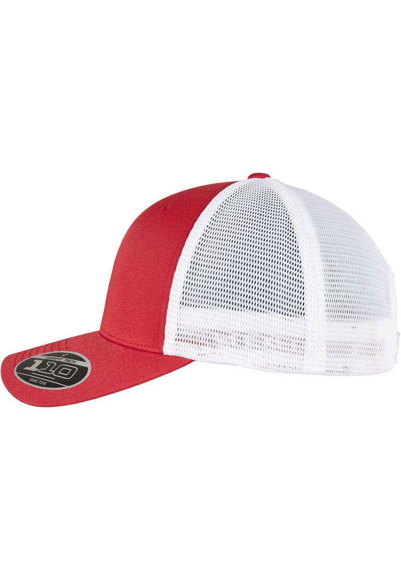 Rød baseball caps med flat skjerm, med en hvit mesh bak og en sirkulær svart logo på forsiden. Laget av stoff og mesh.