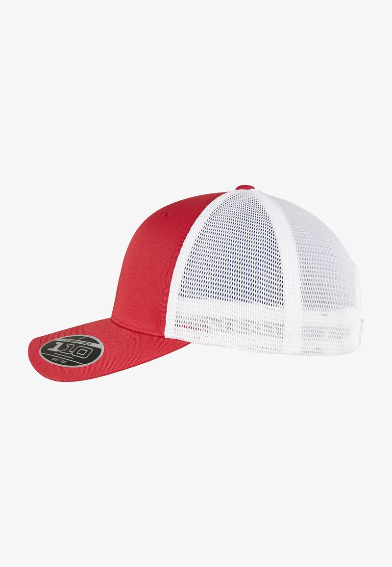 Red baseball cap with a flat visor, featuring a white mesh back and a circular black logo on the front. Constructed of fabric and mesh.