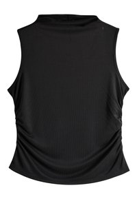 Haut noir sans manches en tissu lisse avec un col rond et des détails froncés sur les côtés, doté d'un ourlet arrondi.