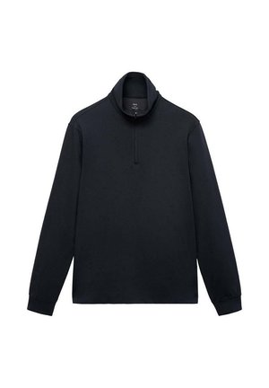Suéter negro de manga larga con cuello alto y medio cierre. Fabricado en material suave con acentos de canalé en los puños y el dobladillo. Diseño sencillo.