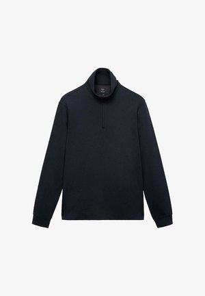 Črn pulover z dolgimi rokavi, visokim ovratnikom in pol zadrgo. Narejen iz mehkega materiala z rebrastimi detajli na manšetah in robu. Preprost dizajn.