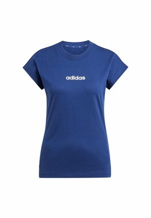 Navy blue cotton t-shirt with short sleeves, round neck, and white "adidas" logo printed on the front. Soft texture, casual fit.