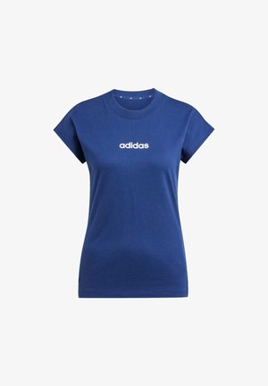 T-shirt de algodão azul-marinho com mangas curtas, gola redonda e logótipo branco "adidas" impresso à frente. Textura suave, ajuste casual.