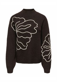 Pull en maille marron avec un col montant, orné de grands motifs floraux blancs sur les deux manches. Texture douce et coupe décontractée.