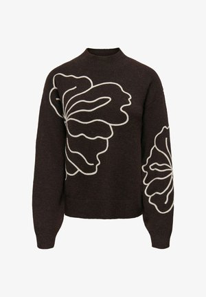 Suéter marrón de punto con cuello alto, con grandes diseños florales blancos en ambas mangas. Textura suave y ajuste holgado.