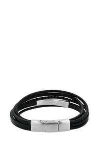Pulsera de cuero negro con diseño trenzado, que cuenta con un cierre de acero inoxidable. Estética simple y moderna con textura suave.