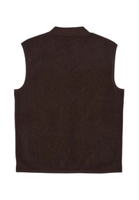Gilet marrone senza maniche realizzato in tessuto testurizzato. Presenta un colletto e cuciture minime, senza chiusure o decorazioni visibili.