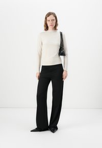 Light long-sleeve top, cream color, paired with high-waisted black wide-leg pants. Carrying a small black handbag. Pointed black shoes.
