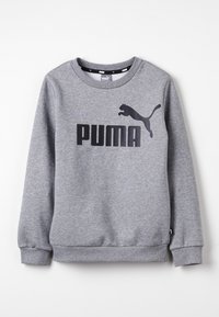 Szary sweatshirt wykonany z mieszanki bawełny, z czarnym logo "PUMA" oraz graficznym wizerunkiem skaczącego pumy z przodu. Prążkowany dekolt i mankiety.