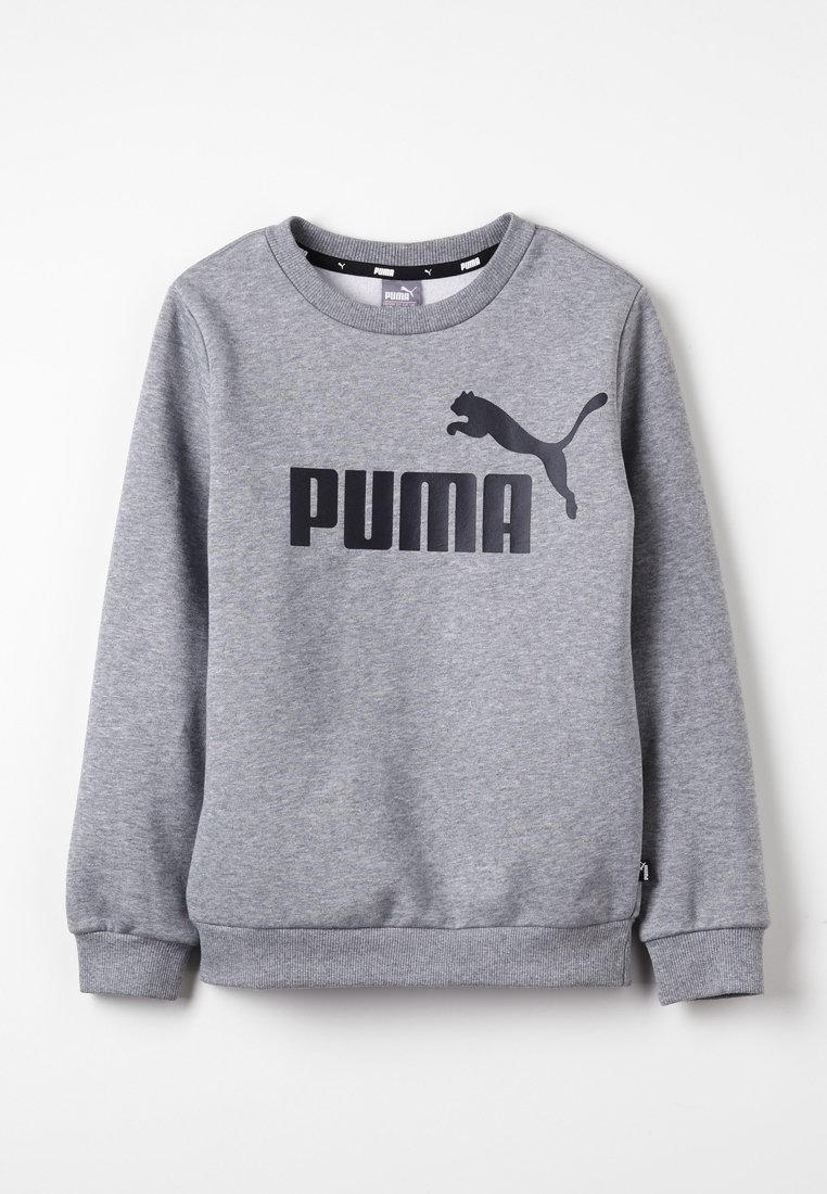 Szary sweatshirt wykonany z mieszanki bawełny, z czarnym logo "PUMA" oraz graficznym wizerunkiem skaczącego pumy z przodu. Prążkowany dekolt i mankiety.