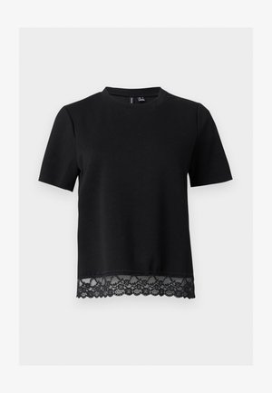 Must lühikeste varrukatega topp ümmarguse kaeluse ja lillelise pitsiga allääre ääres, valge taustaga.