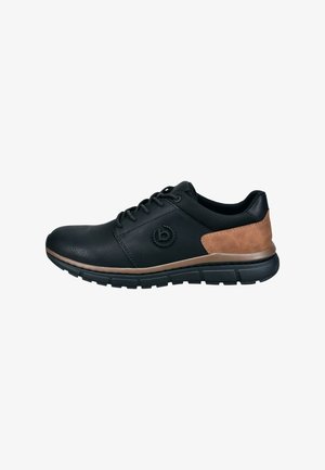 Black leather sneaker with brown accent at the heel. Features a textured upper, lace closure, and a cushioned rubber sole.