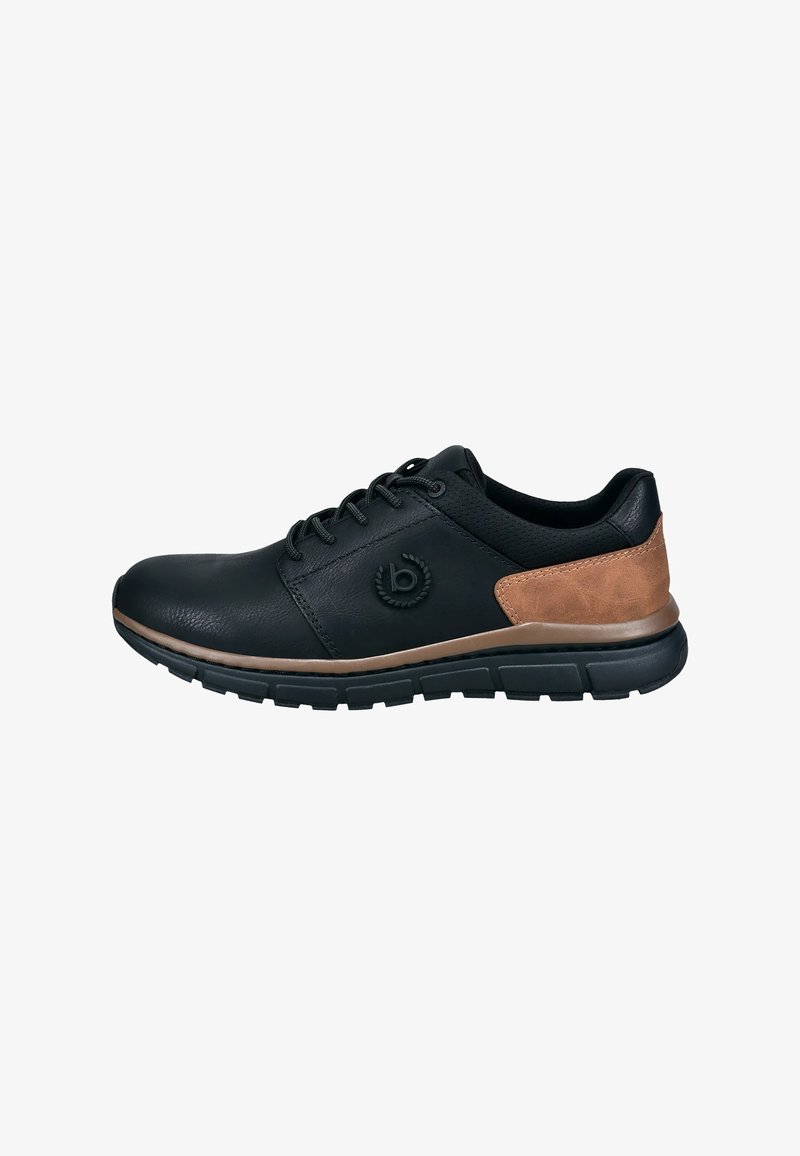 Schwarzer Ledersneaker mit braunem Akzent an der Ferse. Verfügt über ein strukturiertes Obermaterial, Schnürverschluss und eine gepolsterte Gummisohle.