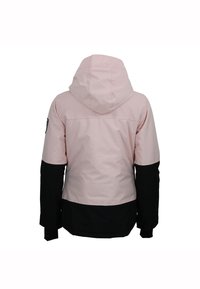 Lichtroze en zwarte jack met een capuchon, met een soepele textuur, korte mouwen en een logo-opdruk op de linkerarm.