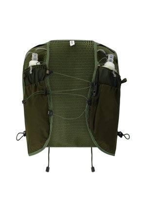 Vihreä verkkohydrataatioliivi, jossa kaksi etutaskua vesipulloille ja säädettävät sivunauhat.