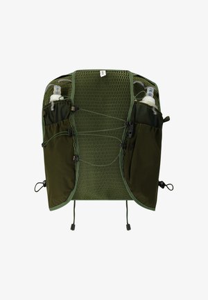Groen mesh-hydratatievest met twee voorzakken voor waterflessen en verstelbare zijkoorden.