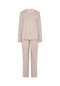 Conjunto de top de manga larga acanalado beige y pantalones a juego, con un escote en V decorado con encaje y un pequeño lazo en el escote del top.