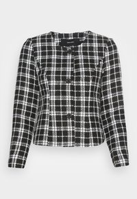 Musta-valkoinen ruutukuvioitu pitkähihaisen takki, jossa on pyöreä kaula-aukko ja kolme etupainiketta, Vero Modan teksturoitua kangasta.