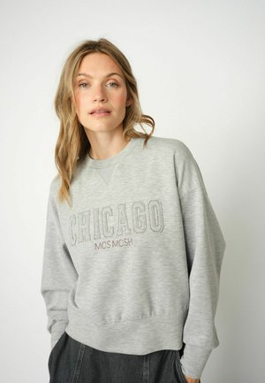 Gray sweatshirt with a crew neckline, featuring “CHICAGO” and “MOS MOSH” in embroidered dark red text across the front. Soft texture.