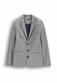 Szary, dopasowany żakiet z klapami, trzema guzikami z przodu, dwiema bocznymi kieszeniami i gładką podszewką. Teksturowany materiał.