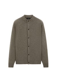 Brauner Cardigan mit Knopfleiste, aus strukturiertem Strickstoff gefertigt, mit Rundhalsausschnitt, gerippten Bündchen und geradem Saum, versehen mit fünf schwarzen Knöpfen.