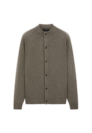 Brown button-up cardigan made from textured knit fabric, featuring a round neckline, ribbed cuffs, and a straight hem with five black buttons.