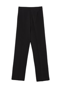 Pantaloni neri con una vestibilità su misura, caratterizzati da una parte frontale liscia, due pieghe e passanti per cintura. Realizzati in tessuto morbido, con gambe dritte.