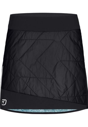 Black quilted skirt with a fitted waistband, featuring a zigzag pattern and a contrasting light blue interior lining. Made of textured material.