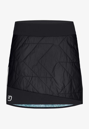 Black quilted skirt with a fitted waistband, featuring a zigzag pattern and a contrasting light blue interior lining. Made of textured material.