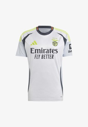 White sports jersey with gray accents, featuring a black collar, neon green stripes on shoulders, and “Emirates Fly Better” logo in black.