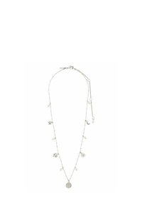 Hõbedast kaelakee, millel on peenike kett ja mitmed ripatsid, sh päikese ja kuu motiivid ning laiali hajutatud väikesed pärlid.