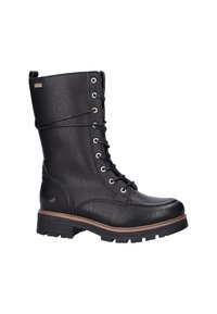 Zwarte leren veterschoen met een gestructureerde afwerking, metalen oogjes, een contrasterende bruine zool en een ronde neus. Opvallend logodetail aan de zijkant.