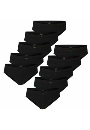 Zehn schwarze Brief-Unterhosen in zwei versetzten Spalten auf weißem Hintergrund angeordnet.