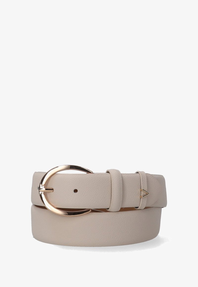 Beige leather belt with a gold circular buckle. Features a smooth texture and a second strap detail with a triangular accent.